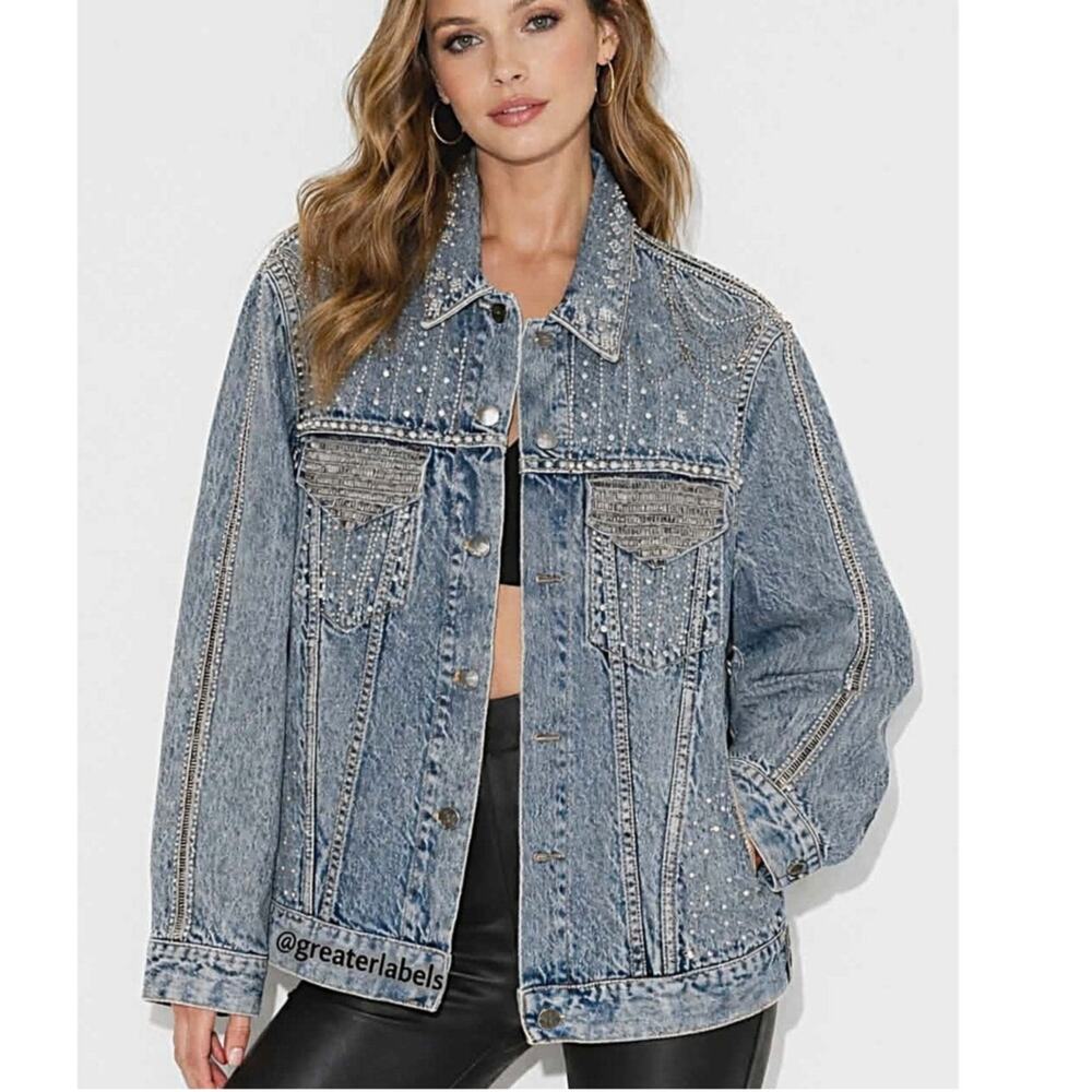 A.O. LA Alice+Olivia Embellished Oversized Denim Jacket Rhinestones Chains M